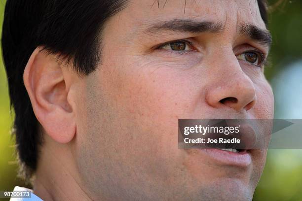 Marco Rubio speaks with the media after signing election documents officially qualifying him as a Republican candidate for the U.S. Senate on April...