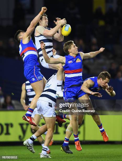 Patrick Dangerfield of the Cats flies for a mark during the round 15 AFL match between the Western Bulldogs and the Geelong Cats at Etihad Stadium on...