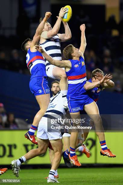 Patrick Dangerfield of the Cats flies for a mark during the round 15 AFL match between the Western Bulldogs and the Geelong Cats at Etihad Stadium on...