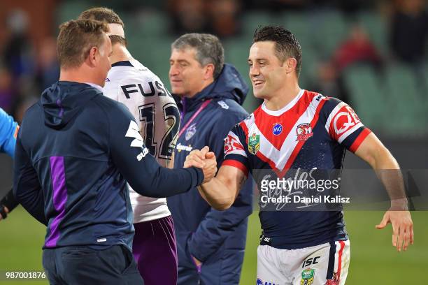 Cooper Cronk of the Roosters reacts after the round 16 NRL match between the Sydney Roosters and the Melbourne Storm at Adelaide Oval on June 29,...