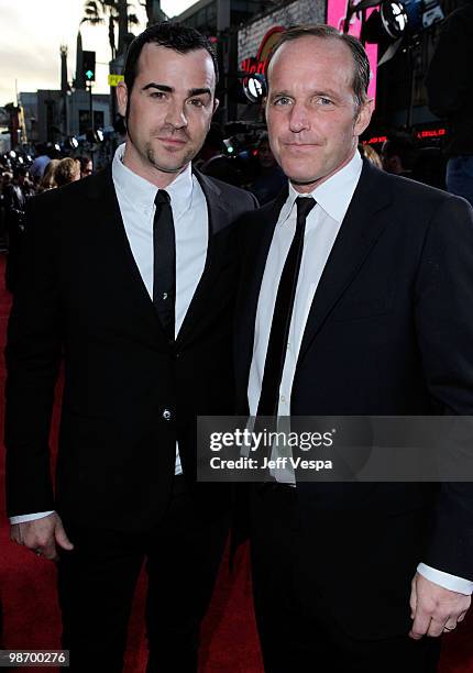 Actors Justin Theroux and Clark Gregg arrive at the "Iron Man 2" World Premiere at El Capitan Theatre on April 26, 2010 in Hollywood, California.