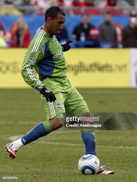 Tyrone Marshall of the Seattle Sounders FC carries the ball during a MLS game against Toronto FC at BMO Field on April 25, 2010 in Toronto, Ontario,...
