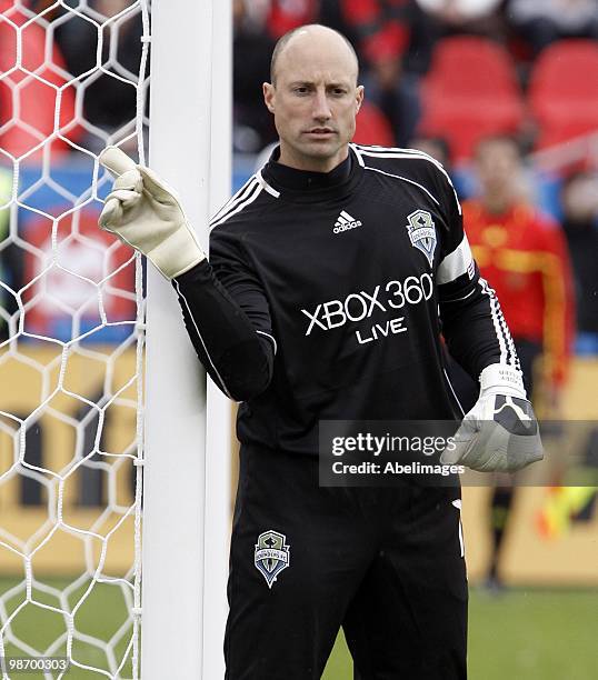 Kasey Keller of the Seattle Sounders FC signals to his team during a MLS game against Toronto FC at BMO Field on April 25, 2010 in Toronto, Ontario,...