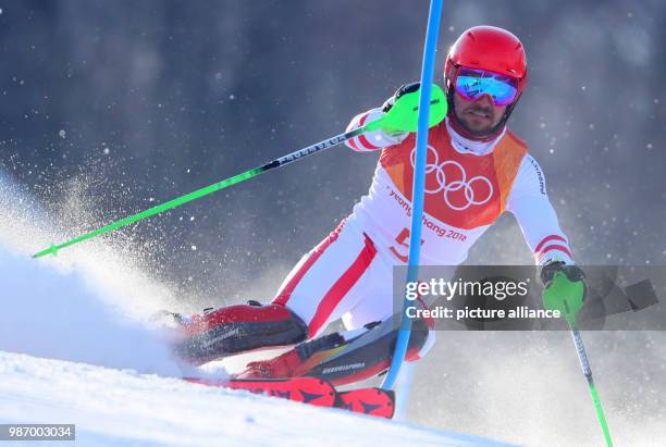 February 2018, South Korea, Pyeongchang, Olympics, Alpine Skiing, Men's slalom, first round, Joengseon Alpine Centre: Austria's Marcel Hirscher in...