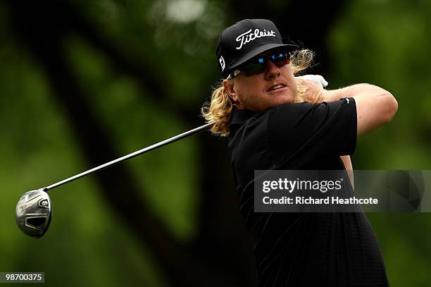 Charley Hoffman hits a tee shot during a practice round for the Quail Hollow Championship at Quail Hollow Country Club on April 27, 2010 in...