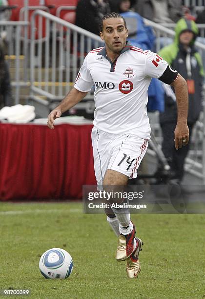 Dwayne De Rosario of Toronto FC carries the ball during a MLS game against the Seattle Sounders FC at BMO Field on April 25, 2010 in Toronto,...