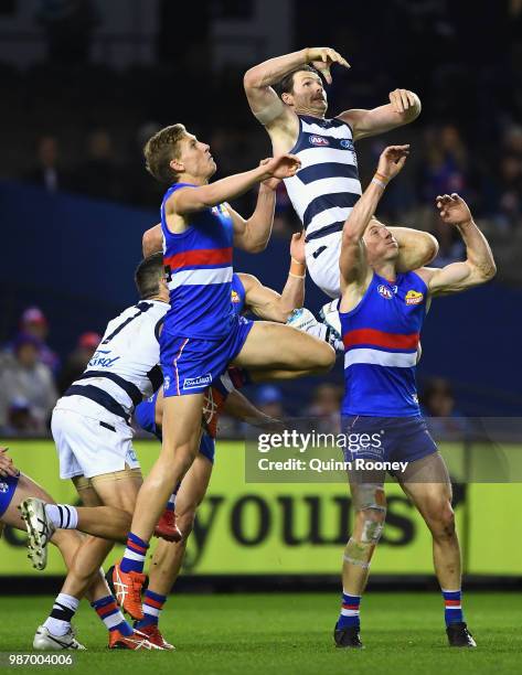 Patrick Dangerfield of the Cats flies for a mark during the round 15 AFL match between the Western Bulldogs and the Geelong Cats at Etihad Stadium on...