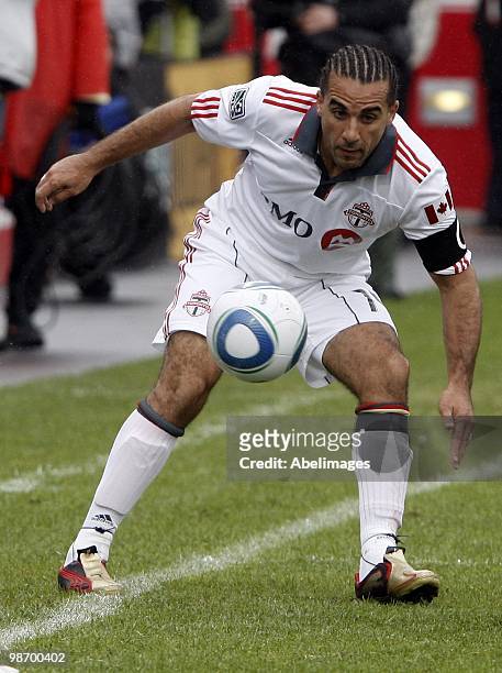 Dwayne De Rosario of Toronto FC carries the ball during a MLS game against the Seattle Sounders FC at BMO Field on April 25, 2010 in Toronto,...