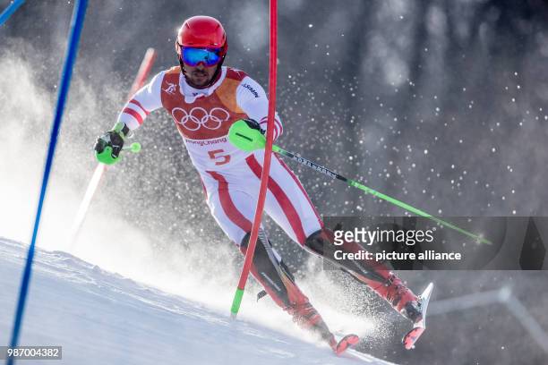 February 2018, South Korea, Pyeongchang, Olympics, Alpine Skiing, Men's slalom, first round, Joengseon Alpine Centre: Austria's Marcel Hirscher in...
