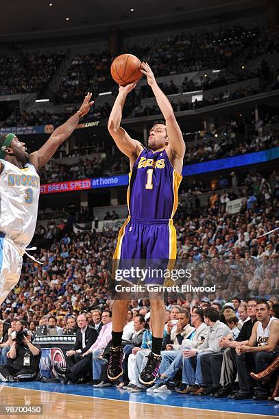 Of the Los Angeles Lakers dribble drives against the Denver Nuggets during the game at Pepsi Center on April 8, 2010 in Denver, Colorado. The Nuggets...