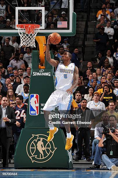 Smith of the Denver Nuggets lays up a shot against the Los Angeles Lakers during the game at Pepsi Center on April 8, 2010 in Denver, Colorado. The...