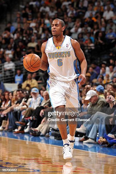 Arron Afflalo of the Denver Nuggets dribbles the ball upcourt against the Los Angeles Lakers during the game at Pepsi Center on April 8, 2010 in...