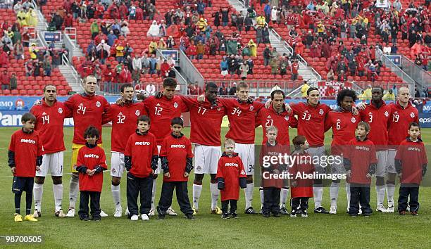 Toronto FC starting line up before playing the Seattle Sounders FC during a MLS game at BMO Field on April 25, 2010 in Toronto, Ontario, Canada.