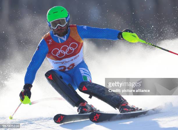 February 2018, South Korea, Pyeongchang, Olympics, Alpine Skiing, Men's slalom, first round, Yongpyong Alpine Centre: Italy's Riccardo Tonetti in...