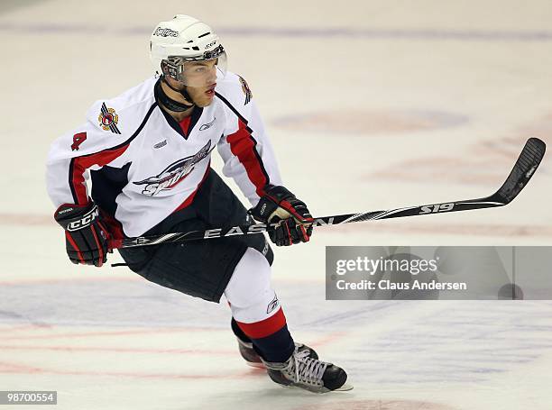 Taylor Hall of the Windsor Spitfires skates in Game 6 of the Western Conference Final against the Kitchener Rangers on April 23, 2010 at the...