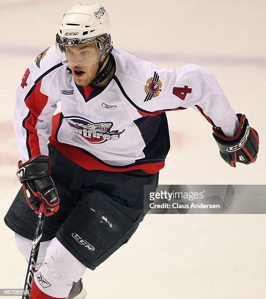 Taylor Hall of the Windsor Spitfires skates in Game 6 of the Western Conference Final against the Kitchener Rangers on April 23, 2010 at the...