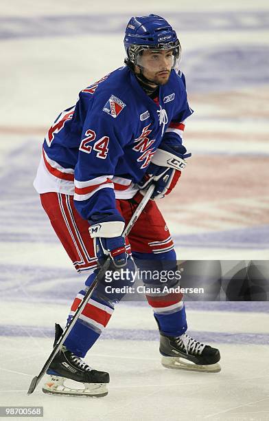 Ryan Murphy of the Kitchener Rangers skates in Game 6 of the Western Conference Final against the Windsor Spitfires on April 23, 2010 at the...