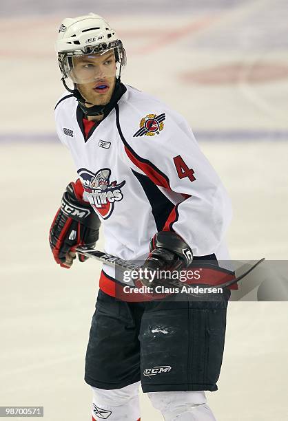 Taylor Hall of the Windsor Spitfires skates in Game 6 of the Western Conference Final against the Kitchener Rangers on April 23, 2010 at the...