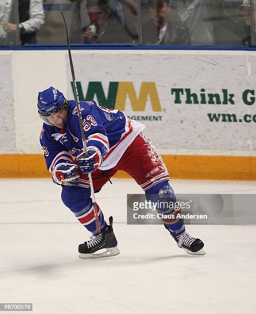 Jeff Skinner of the Kitchener Rangers celebrates scoring a goal in Game 6 of the Western Conference Final against the Windsor Spitfires on April 23,...