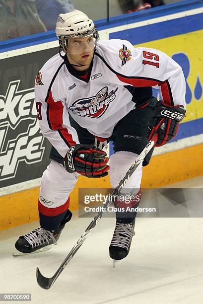 Zack Kassian of the Windsor Spitfires skates in Game 6 of the Western Conference Final against the Kitchener Rangers on April 23, 2010 at the...