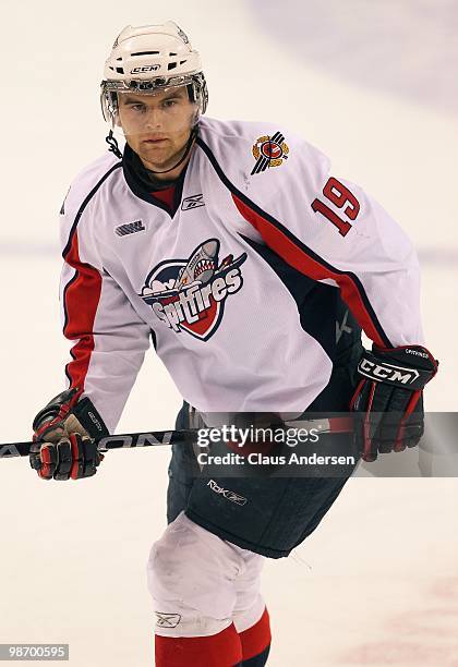 Zack Kassian of the Windsor Spitfires skates in Game 6 of the Western Conference Final against the Kitchener Rangers on April 23, 2010 at the...
