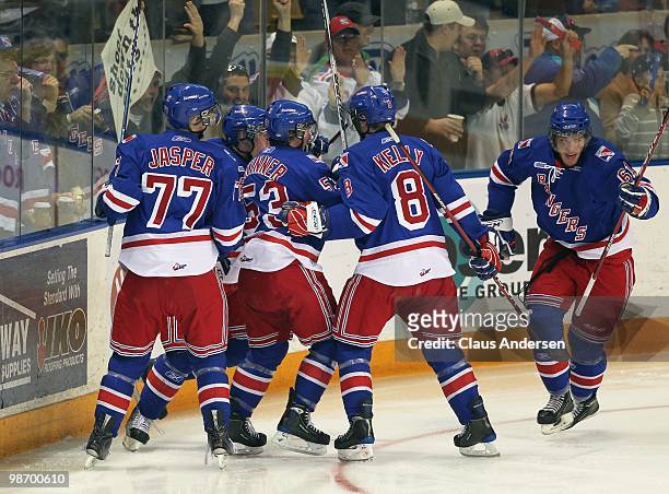 The Kitchener Rangers celebrate a goal scored by Jeremy Morin in Game 6 of the Western Conference Final against the Windsor Spitfires on April 23,...