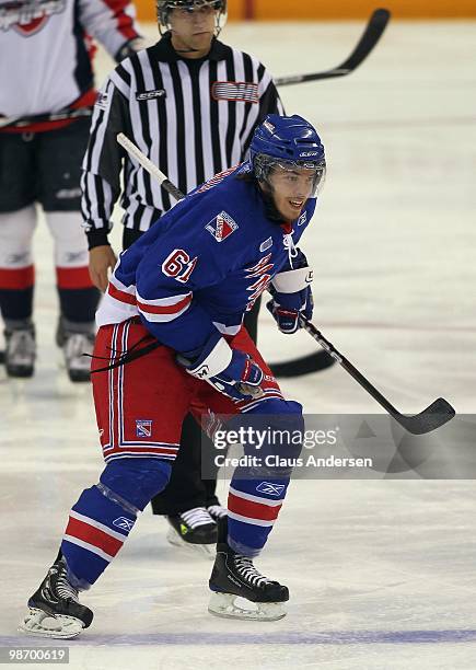 Jeremy Morin of the Kitchener Rangers is all smiles after scoring in Game 6 of the Western Conference Final against the Windsor Spitfires on April...