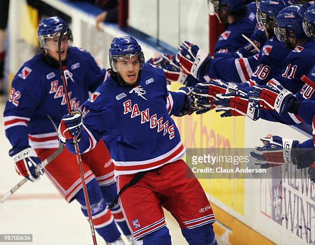 Jeremy Morin of the Kitchener Rangers celebrates his goal in Game 6 of the Western Conference Final against the Windsor Spitfires on April 23, 2010...
