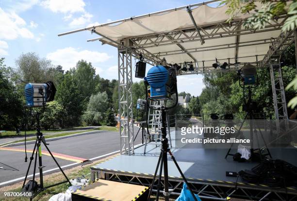 June 2018, Russia, Vatutinki: soccer, World Cup, national team, Germany, team quarters. The presentation stage of the ARD and ZDF with view onto the...