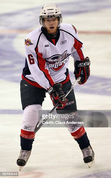 Ryan Ellis of the Windsor Spitfires skates in Game 6 of the Western Conference Final against the Kitchener Rangers on April 23, 2010 at the Kitchener...
