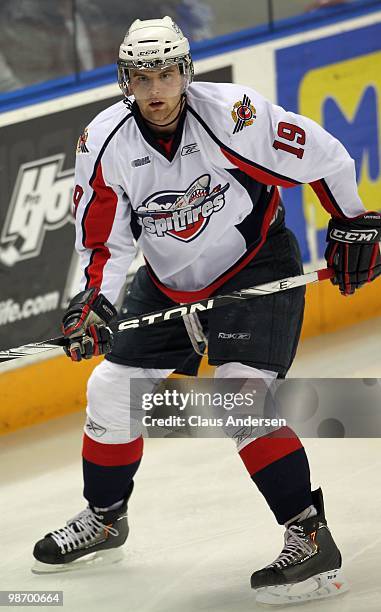 Zack Kassian of the Windsor Spitfires skates in Game 6 of the Western Conference Final against the Kitchener Rangers on April 23, 2010 at the...