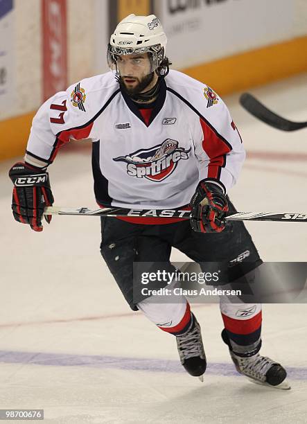 Scott Timmins of the Windsor Spitfires skates in Game 6 of the Western Conference Final against the Kitchener Rangers on April 23, 2010 at the...