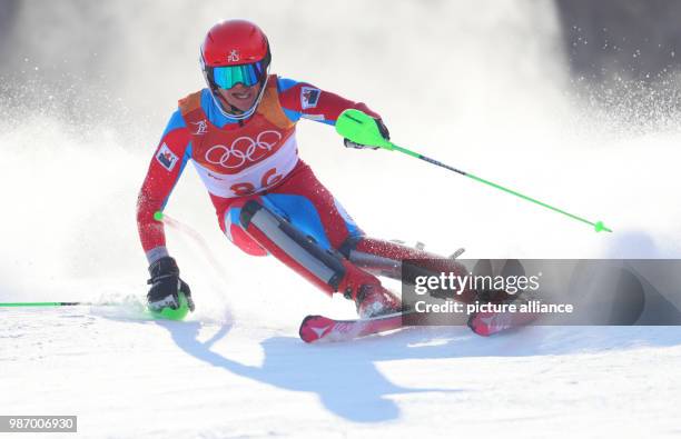 February 2018, South Korea, Pyeongchang, Olympics, Alpine Skiing, Men's slalom, first round, Yongpyong Alpine Centre: Luxembourg's Matthieu Osch in...