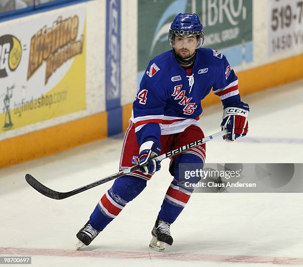 Ryan Murphy of the Kitchener Rangers skates in Game 6 of the Western Conference Final against the Windsor Spitfires on April 23, 2010 at the...