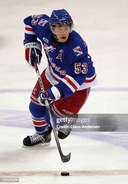 Jeff Skinner of the Kitchener Rangers skates with the puck in Game 6 of the Western Conference Final against the Windsor Spitfires on April 23, 2010...