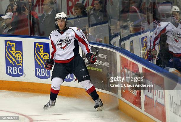 Taylor Hall of the Windsor Spitfires celebrates a goal in Game 6 of the Western Conference Final against the Kitchener Rangers on April 23, 2010 at...