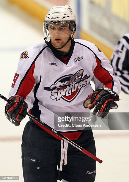 Zack Kassian of the Windsor Spitfires skates in Game 6 of the Western Conference Final against the Kitchener Rangers on April 23, 2010 at the...