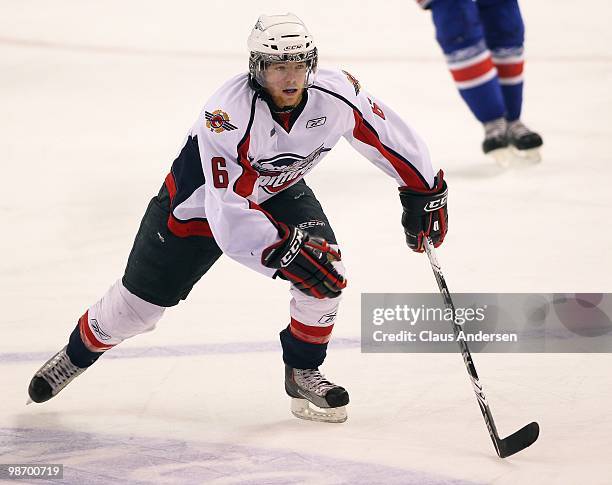 Ryan Ellis of the Windsor Spitfires skates in Game 6 of the Western Conference Final against the Kitchener Rangers on April 23, 2010 at the Kitchener...