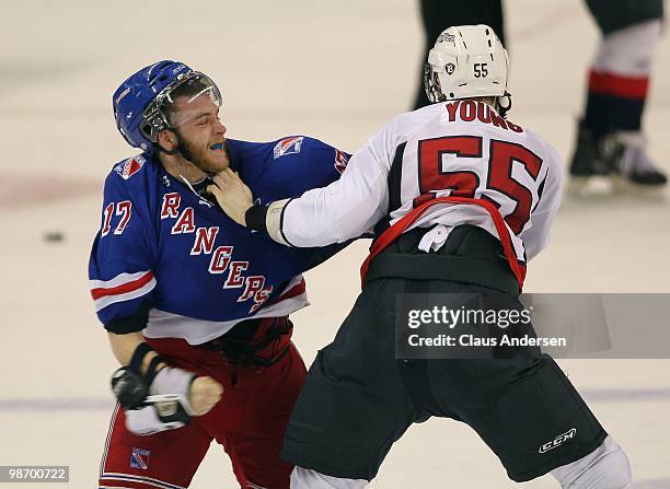 Harry Young of the Windsor Spitfires fights Mike Mascioli of the Kitchener Rangers in Game 6 of the Western Conference Final on April 23, 2010 at the...