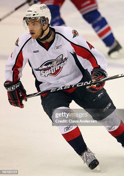 Taylor Hall of the Windsor Spitfires skates in Game 6 of the Western Conference Final against the Kitchener Rangers on April 23, 2010 at the...