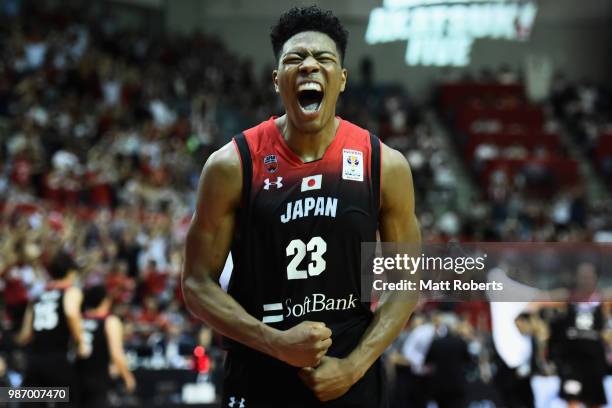 Rui Hachimura of Japan celebrates during the FIBA World Cup Asian Qualifier Group B match between Japan and Australia at Chiba Port Arena on June 29,...