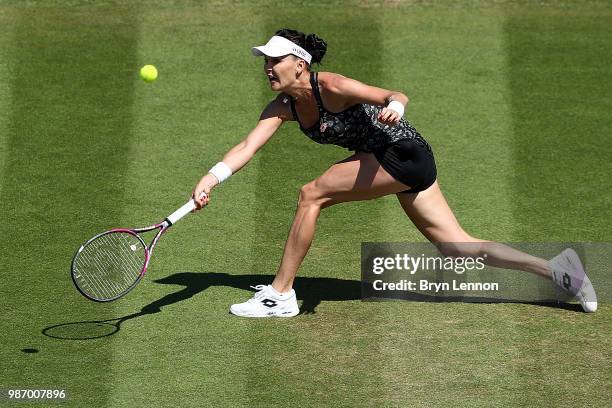 Agnieszka Radwanska of Poland in action against Aryna Sabalenka of Belarus during her semi-final match on day eight of the Nature Valley...