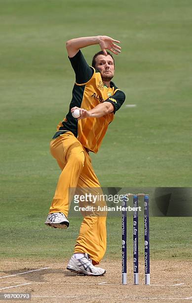 Dirk Nannes of Australia bowls during The ICC T20 World Cup warm up match between Australia and Zimbabwe played at The Beausejour Cricket Ground on...