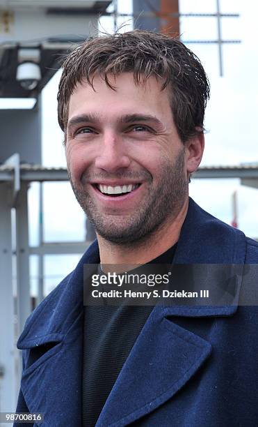 New York Met Jeff Francoeur attends the christening of Delta's Baseball Water Taxis at Pier 11 on April 27, 2010 in New York City.