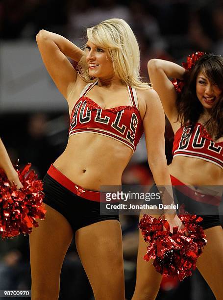 Members of the Chicago Bulls dance team "The Luvabulls," perform during a time-out beween the Bulls and the Cleveland Cavaliers in Game Four of the...