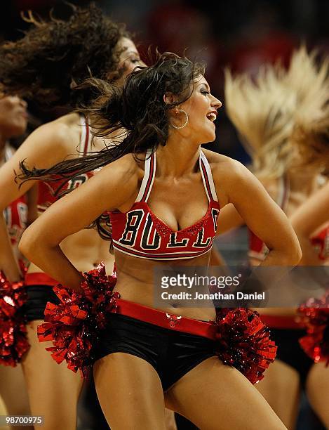 Members of the Chicago Bulls dance team "The Luvabulls," perform during a time-out beween the Bulls and the Cleveland Cavaliers in Game Four of the...