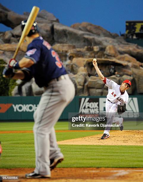 Pitcher Jered Weaver of the Los Angeles Angels of Anaheim throws a pitch during the second inning of the baseball game against Cleveland Indians on...