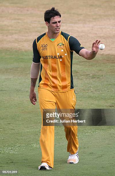 Mitchell Johnson of Australia prepares to bowl during The ICC T20 World Cup warm up match between Australia and Zimbabwe played at The Beausejour...