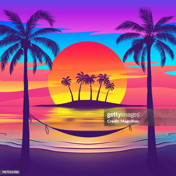 tropical beach bei sonnenuntergang mit insel - hammock-between-palm-trees stock-grafiken, -clipart, -cartoons und -symbole