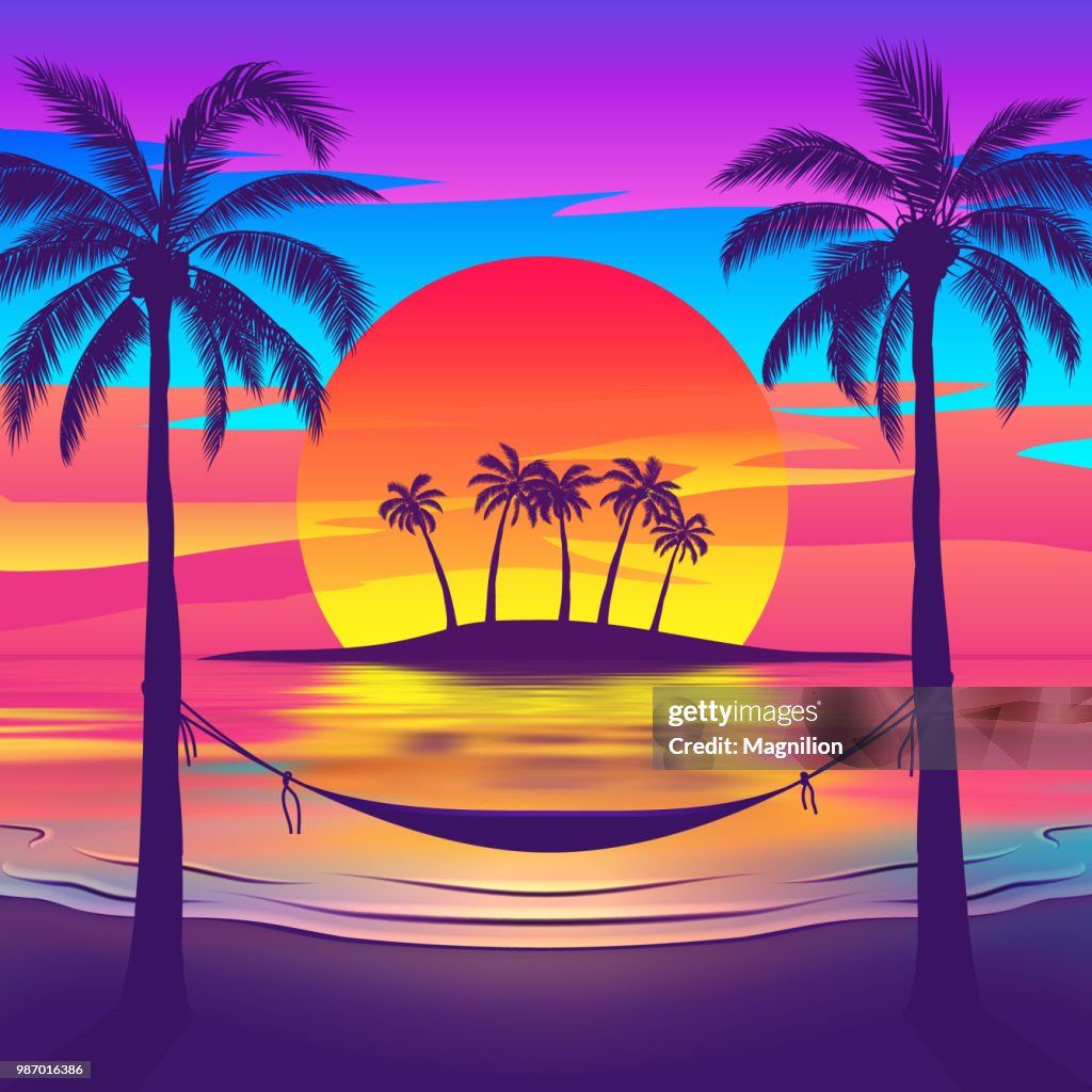 Tropical Beach at Sunset with Island
